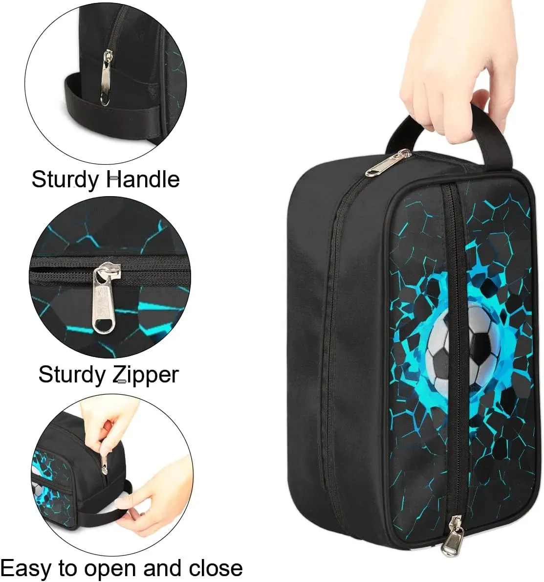 Travel Toiletry Bag for Boys Kids, Blue 3D Soccer Waterproof Hanging Dopp Kit for Men, Shaving Bag with Large Capacity for Travel, Sports, Shower