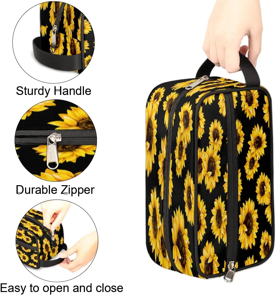 Travel Toiletry Bag for Girls Women, Water-resistant Cosmetics Makeup Bag, Hanging Storage Bags for Travel Essentials, Accessories (Sunflower)