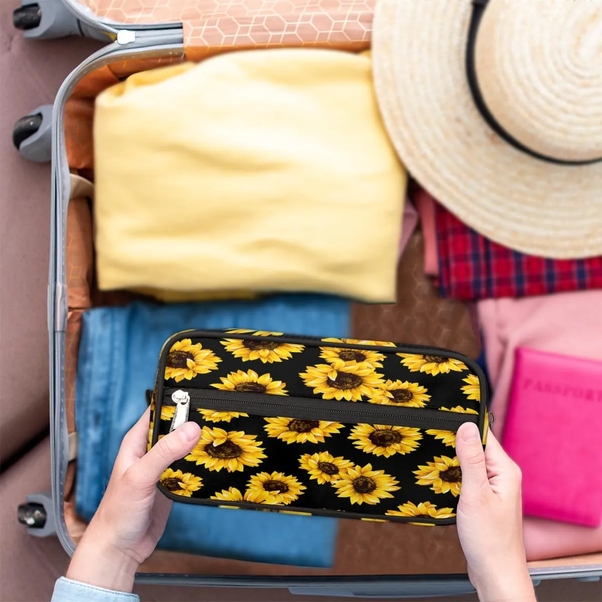 Travel Toiletry Bag for Girls Women, Water-resistant Cosmetics Makeup Bag, Hanging Storage Bags for Travel Essentials, Accessories (Sunflower)