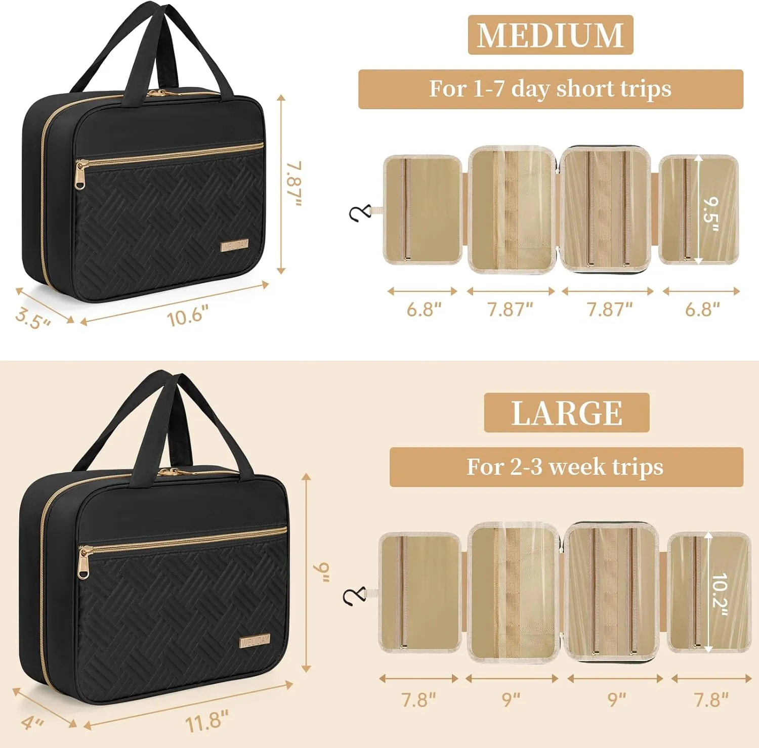 Travel Toiletry Bag - Spacious Toiletry Bag with Hanging Hook, Waterproof Makeup Bag for Women & Men, Travel Essentials (Large-Black)