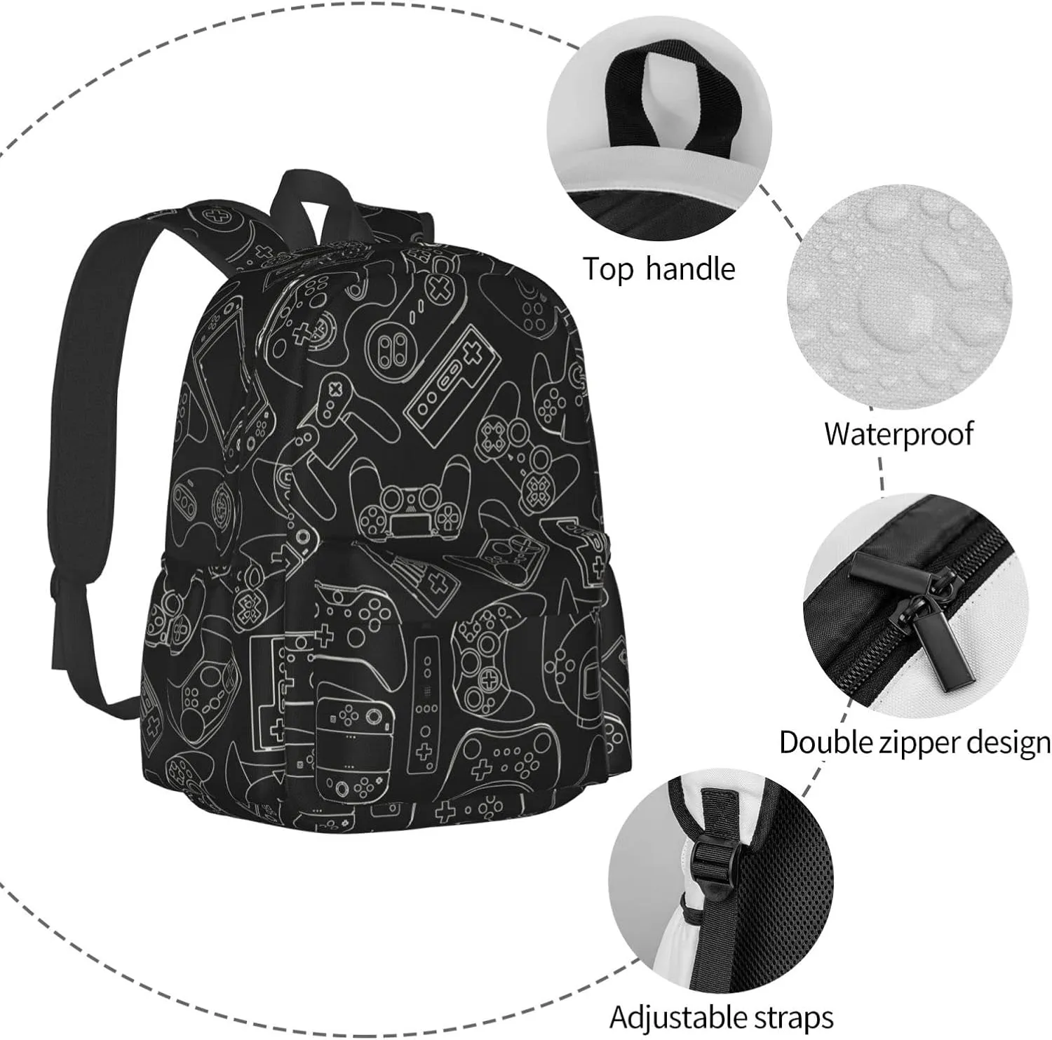 Video Game Controller Background Gadgets Large Capacity Backpack Lightweight Personalized Laptop Bag Tablet Travel School Bag with Multiple Pockets