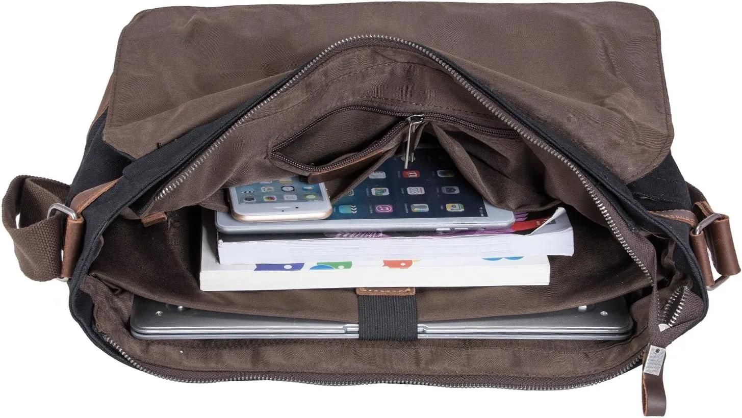 Vintage Genuine Leather Waxed Canvas Briefcase Large Satchel Shoulder Bag Rugged Computer 15.6" Laptop Bag