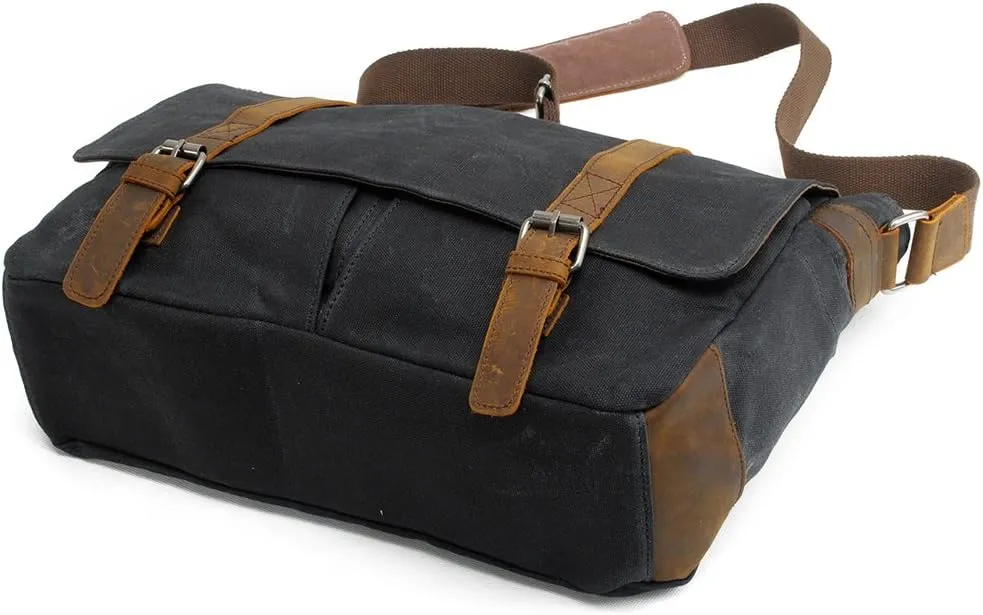Vintage Genuine Leather Waxed Canvas Briefcase Large Satchel Shoulder Bag Rugged Computer 15.6" Laptop Bag