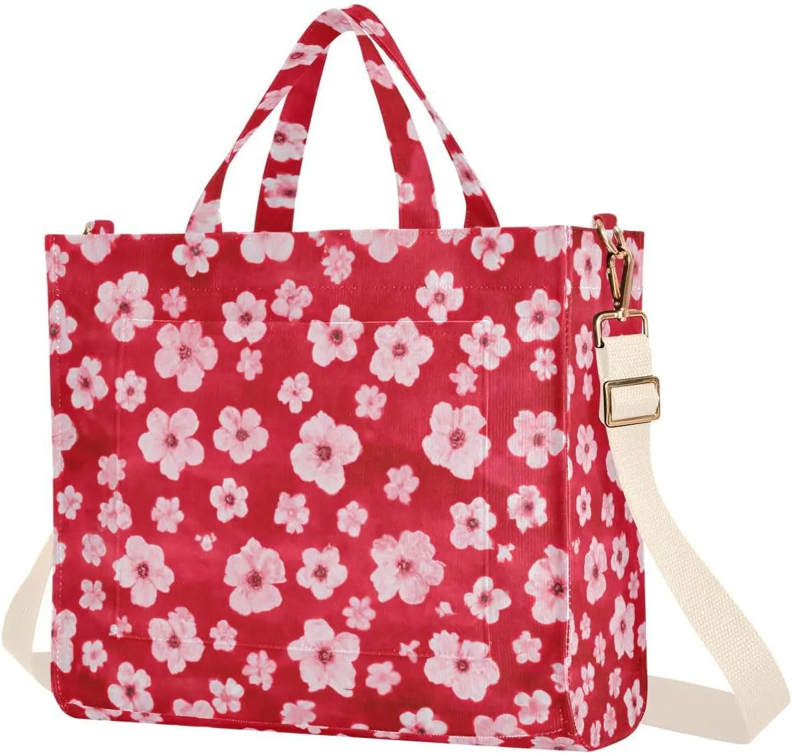 Vivid Flowers Red Corduroy Tote Bag for Women Hobo Crossbody Bag Purse Stylish Shoulder Handbag Messenger Bags, S
