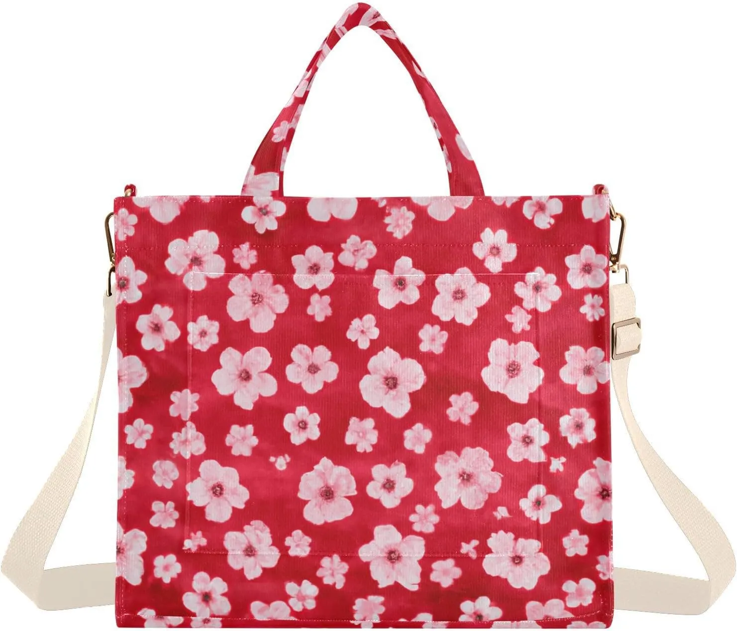 Vivid Flowers Red Corduroy Tote Bag for Women Hobo Crossbody Bag Purse Stylish Shoulder Handbag Messenger Bags, S