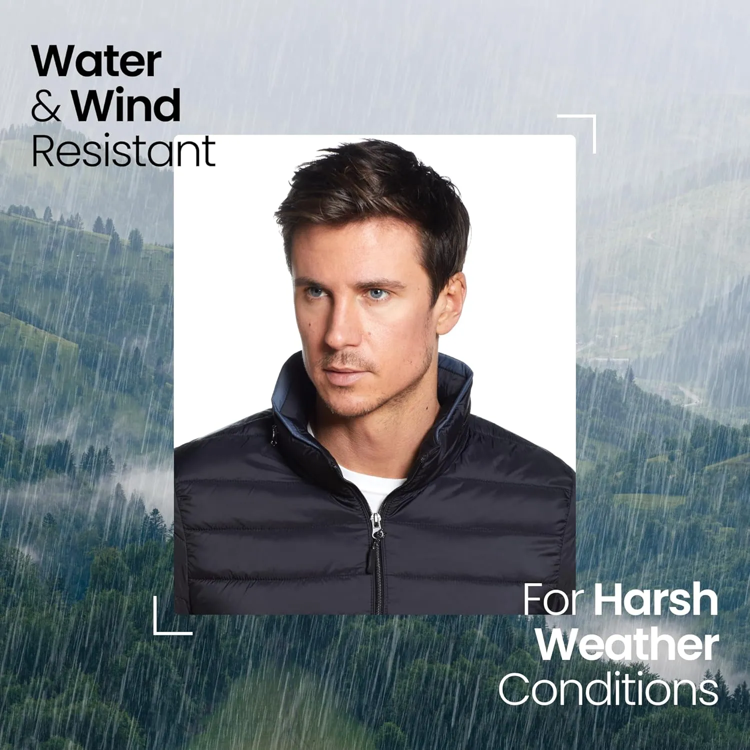 Weatherproof Men's Puffer Jacket, Lightweight Wind Resistant Alternative Down Jacket with Packable Travel Neck Pillow (S-3XL)