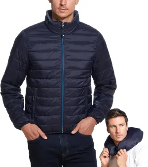 Weatherproof Men's Puffer Jacket, Lightweight Wind Resistant Alternative Down Jacket with Packable Travel Neck Pillow (S-3XL)