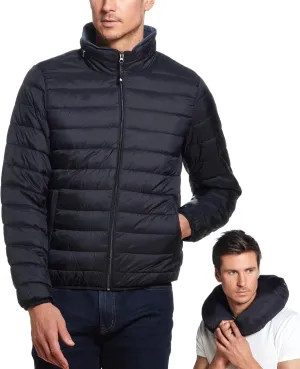 Weatherproof Men's Puffer Jacket, Lightweight Wind Resistant Alternative Down Jacket with Packable Travel Neck Pillow (S-3XL)