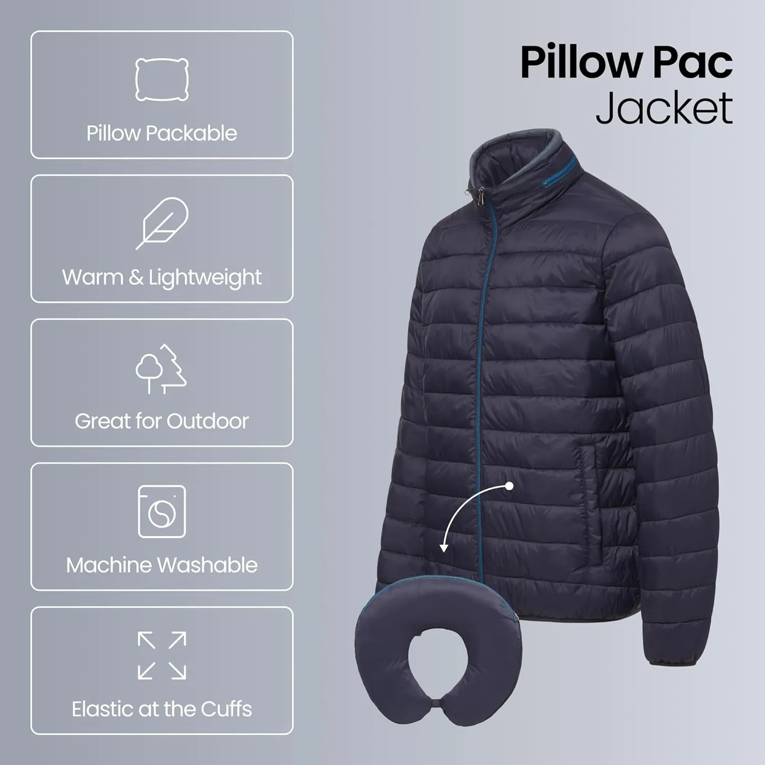 Weatherproof Men's Puffer Jacket, Lightweight Wind Resistant Alternative Down Jacket with Packable Travel Neck Pillow (S-3XL)