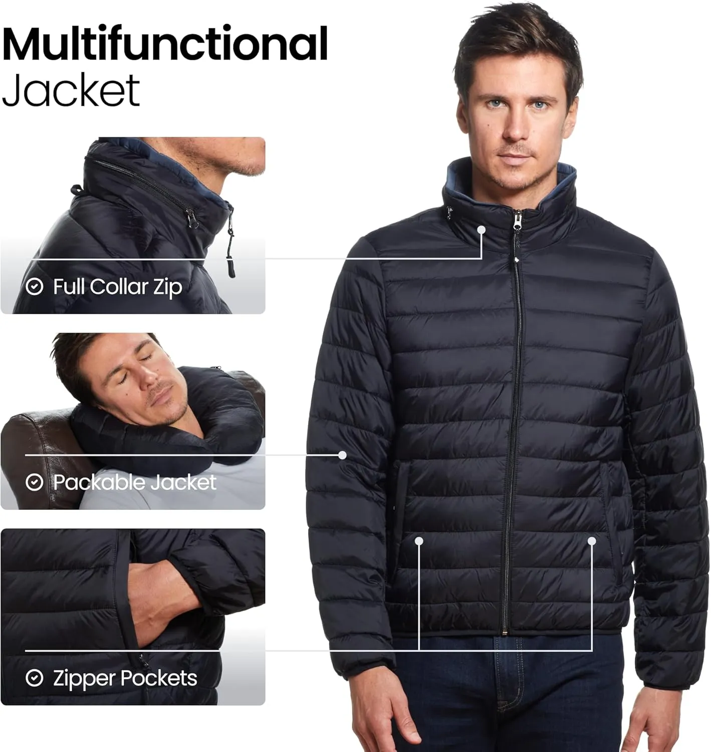 Weatherproof Men's Puffer Jacket, Lightweight Wind Resistant Alternative Down Jacket with Packable Travel Neck Pillow (S-3XL)