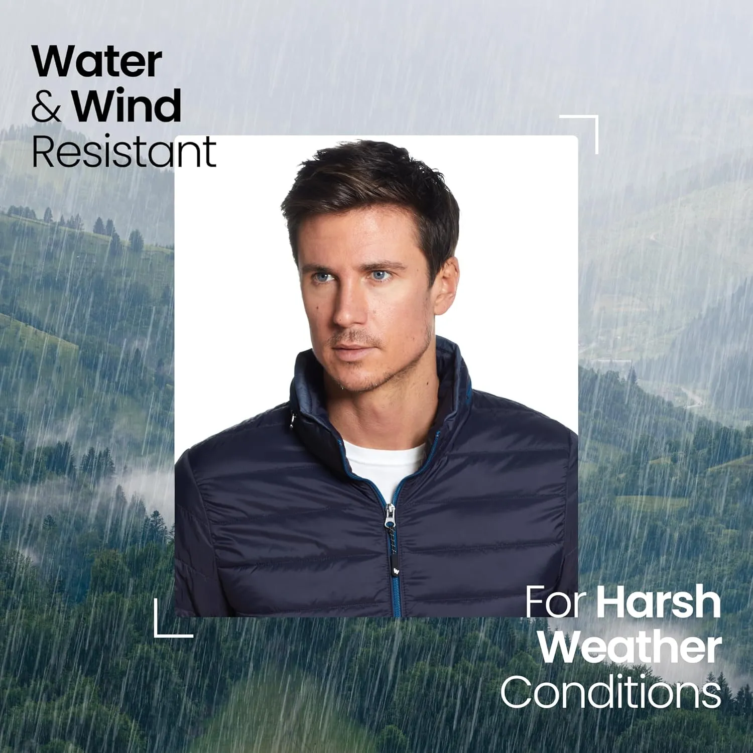 Weatherproof Men's Puffer Jacket, Lightweight Wind Resistant Alternative Down Jacket with Packable Travel Neck Pillow (S-3XL)