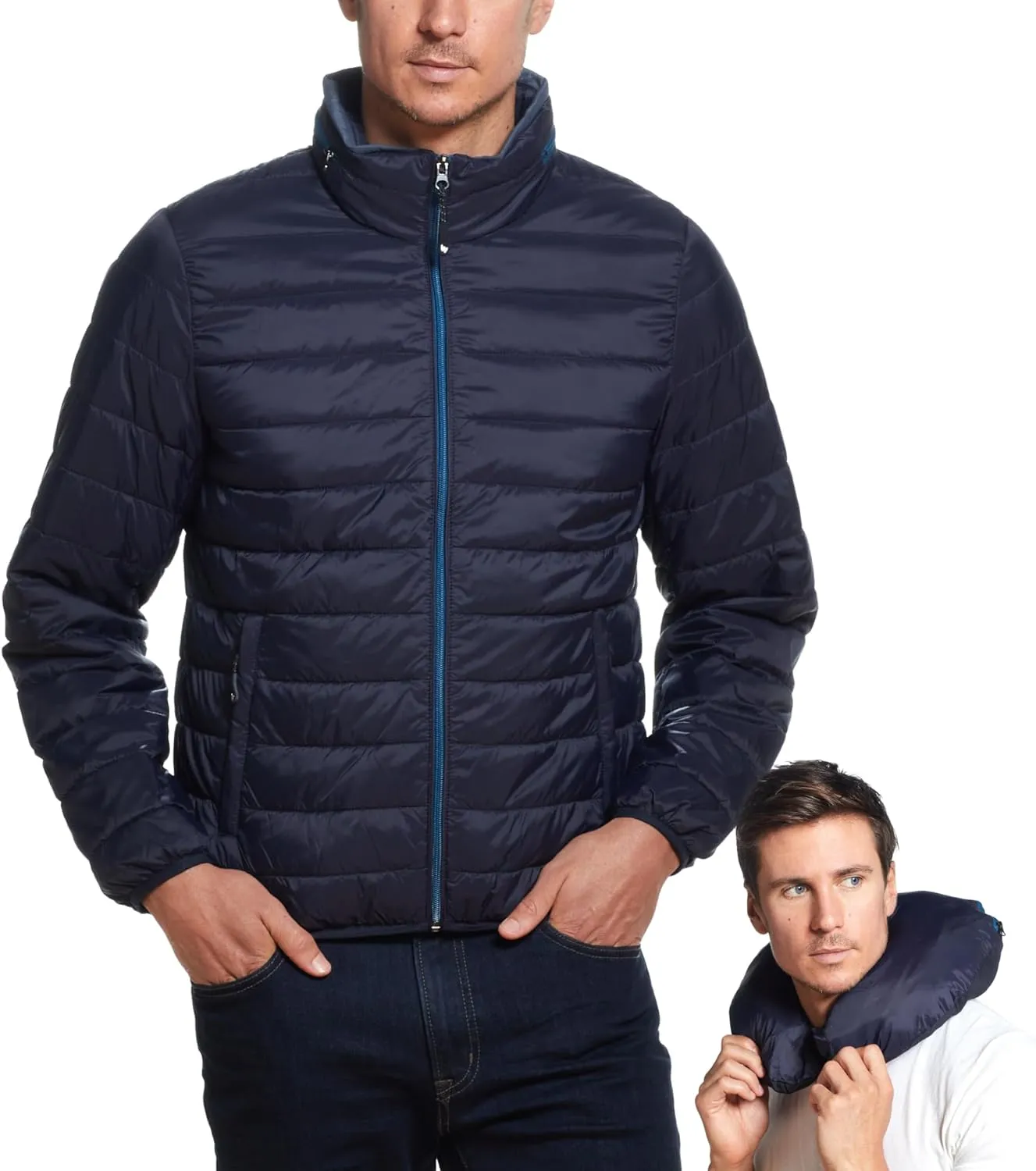 Weatherproof Men's Puffer Jacket, Lightweight Wind Resistant Alternative Down Jacket with Packable Travel Neck Pillow (S-3XL)