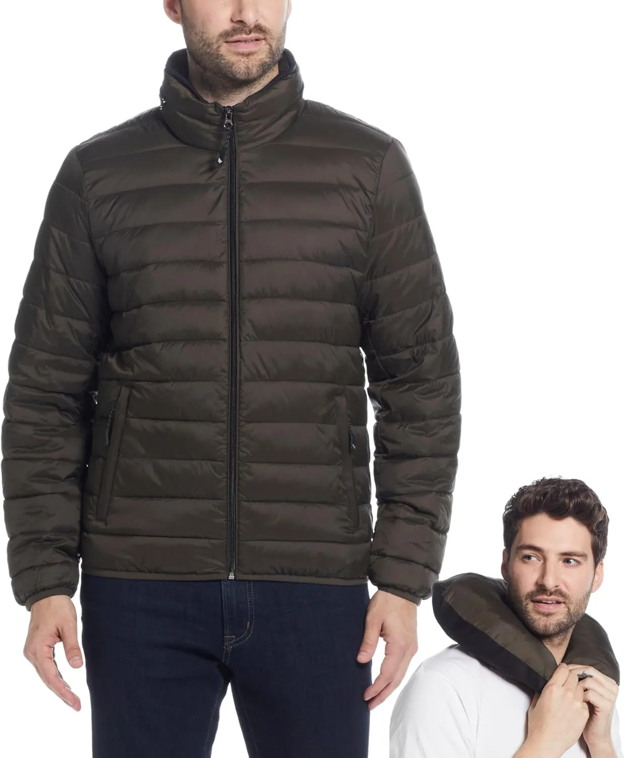 Weatherproof Men's Puffer Jacket, Lightweight Wind Resistant Alternative Down Jacket with Packable Travel Neck Pillow (S-3XL)