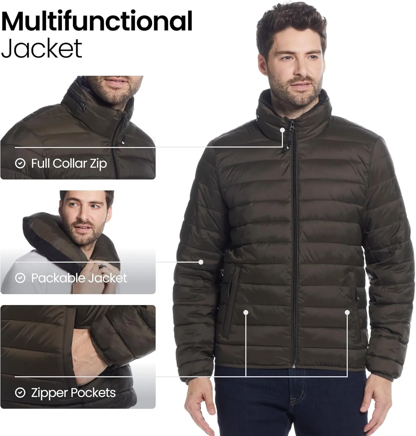 Weatherproof Men's Puffer Jacket, Lightweight Wind Resistant Alternative Down Jacket with Packable Travel Neck Pillow (S-3XL)