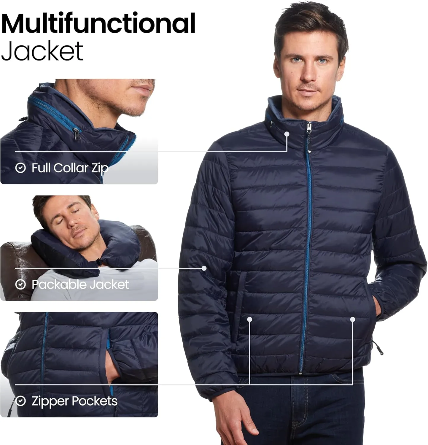 Weatherproof Men's Puffer Jacket, Lightweight Wind Resistant Alternative Down Jacket with Packable Travel Neck Pillow (S-3XL)