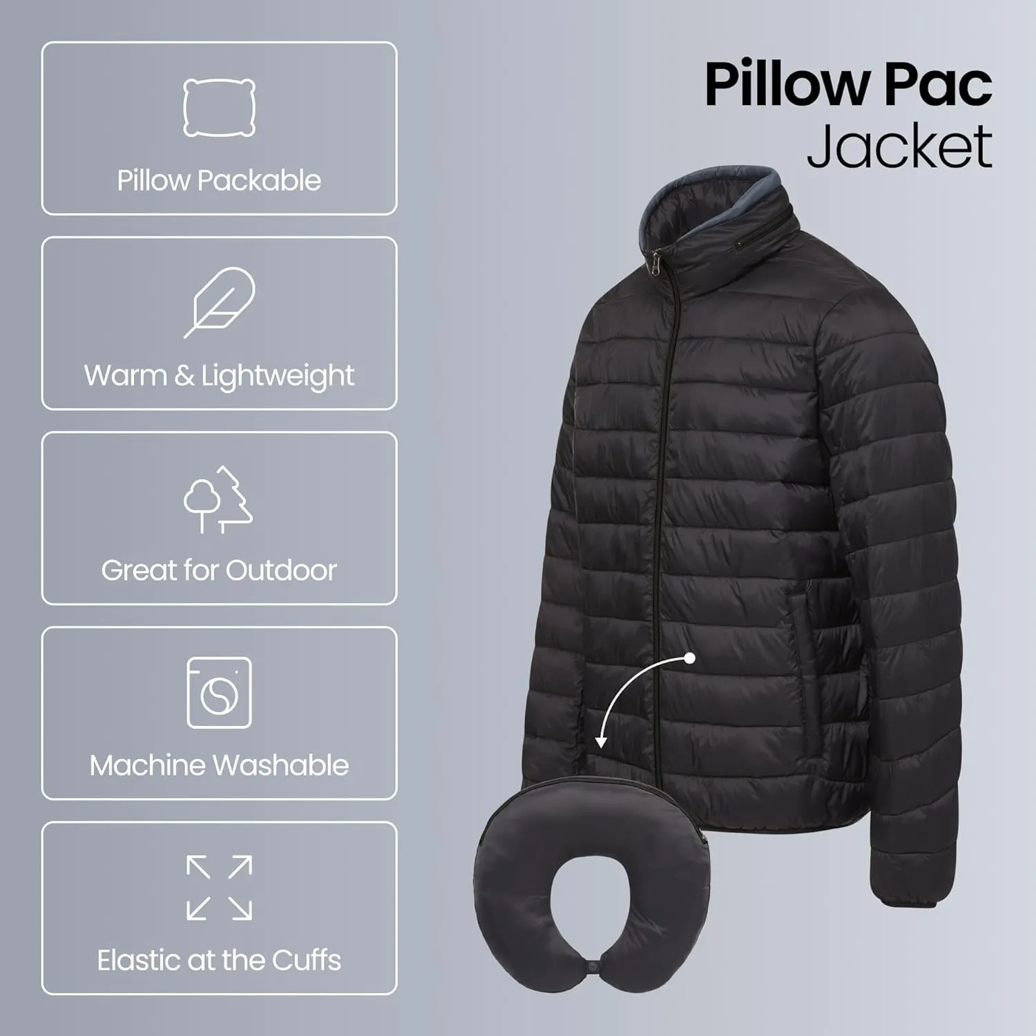 Weatherproof Men's Puffer Jacket, Lightweight Wind Resistant Alternative Down Jacket with Packable Travel Neck Pillow (S-3XL)