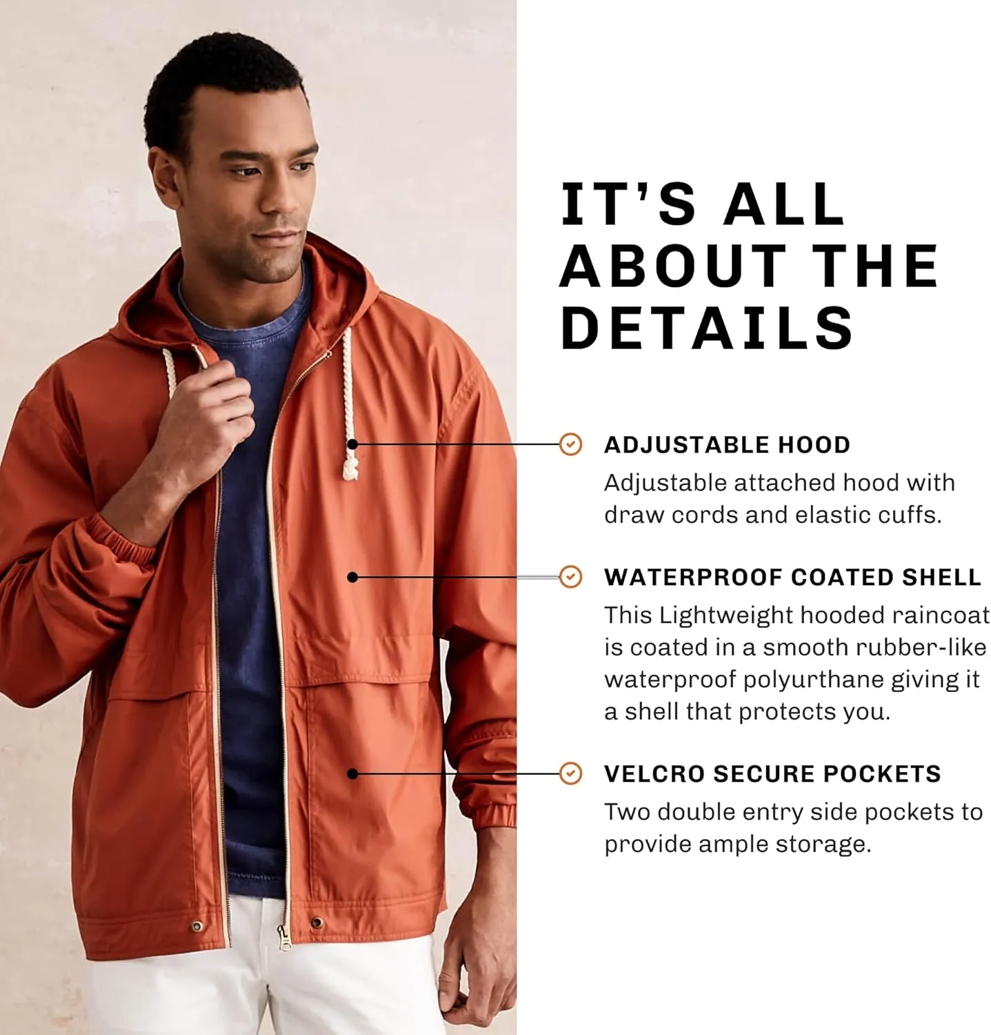 Weatherproof Vintage Mens Lightweight Waterproof Coated Hooded Rain Jacket- Light Windbreaker Raincoat for Men- Rain Slicker