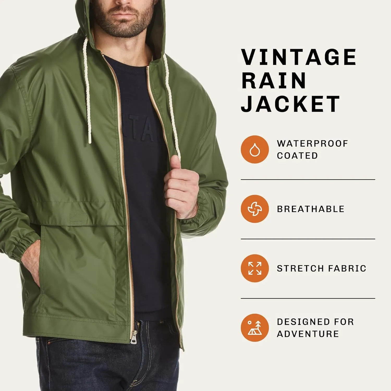 Weatherproof Vintage Mens Lightweight Waterproof Coated Hooded Rain Jacket- Light Windbreaker Raincoat for Men- Rain Slicker