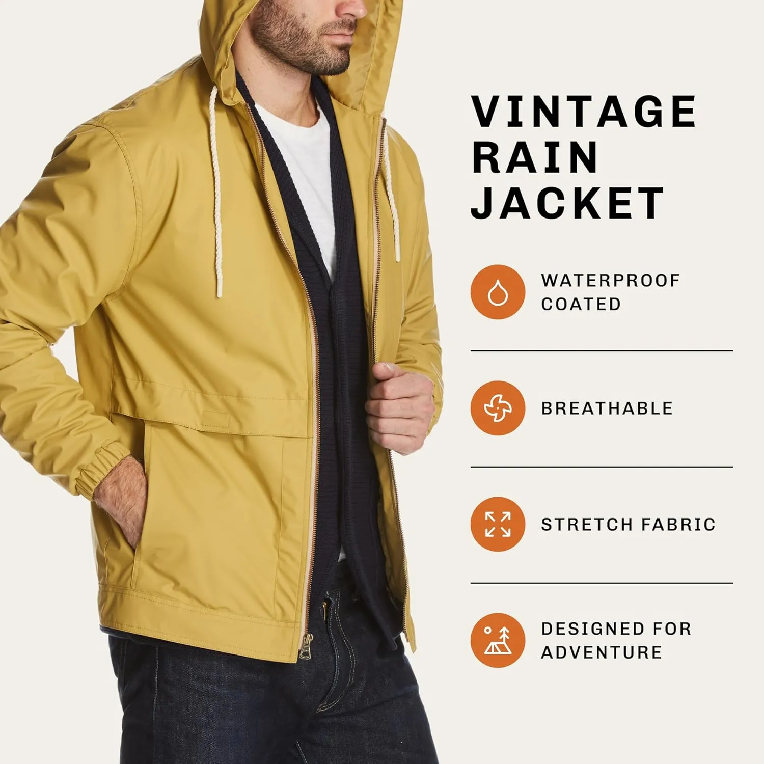 Weatherproof Vintage Mens Lightweight Waterproof Coated Hooded Rain Jacket- Light Windbreaker Raincoat for Men- Rain Slicker