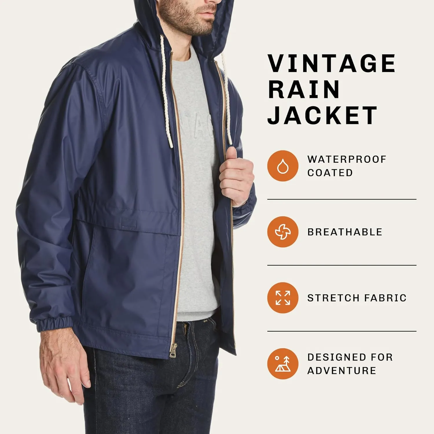 Weatherproof Vintage Mens Lightweight Waterproof Coated Hooded Rain Jacket- Light Windbreaker Raincoat for Men- Rain Slicker