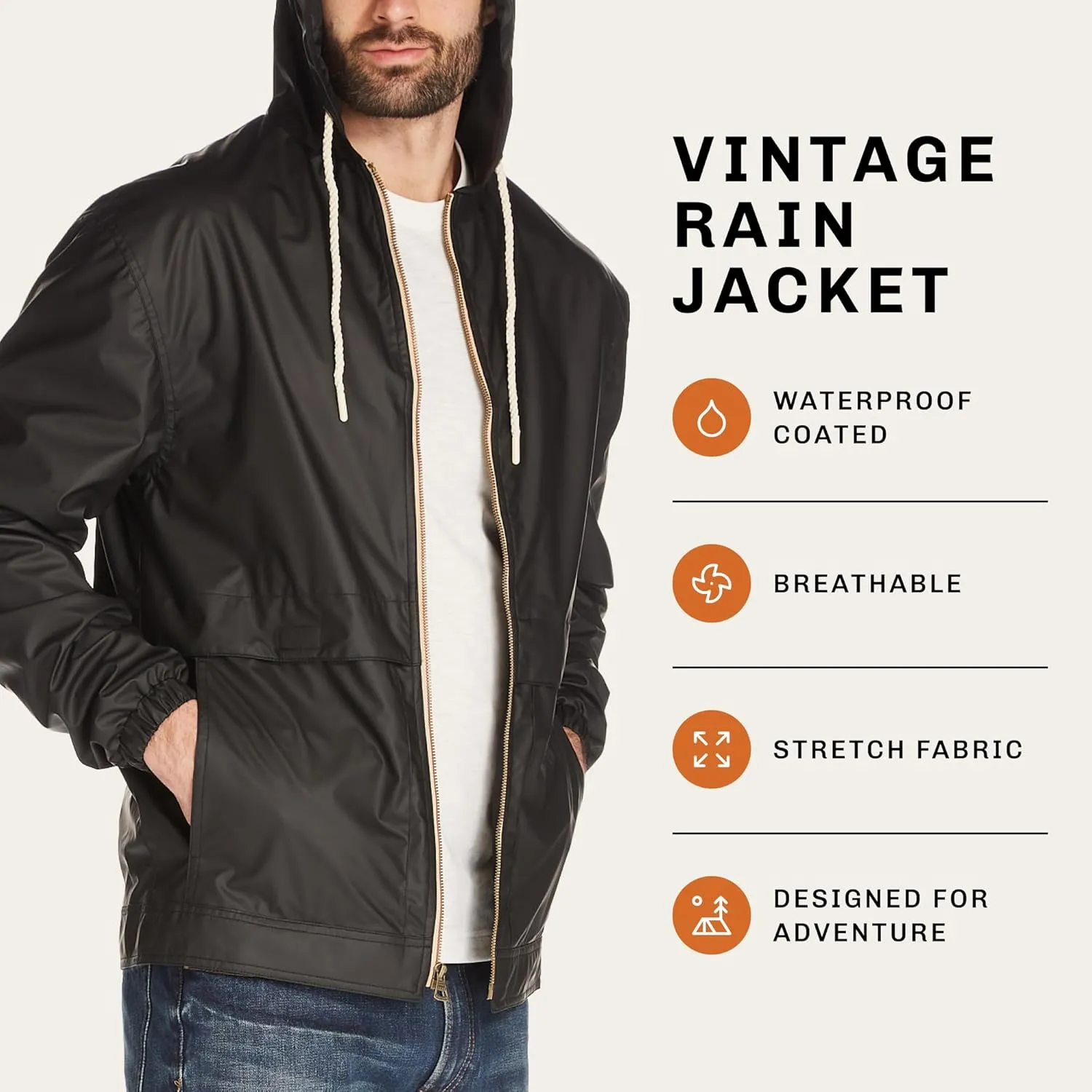 Weatherproof Vintage Mens Lightweight Waterproof Coated Hooded Rain Jacket- Light Windbreaker Raincoat for Men- Rain Slicker