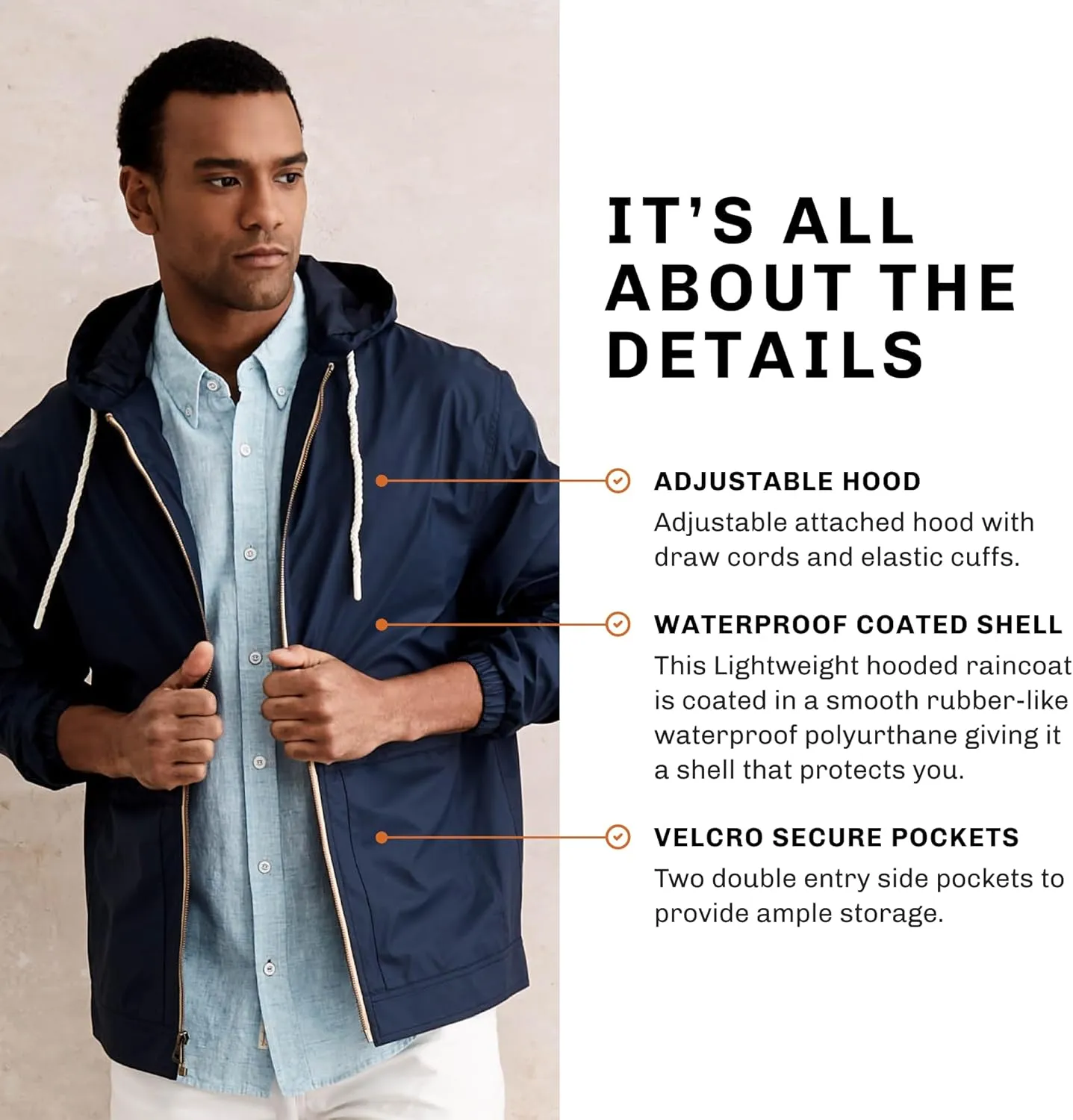 Weatherproof Vintage Mens Lightweight Waterproof Coated Hooded Rain Jacket- Light Windbreaker Raincoat for Men- Rain Slicker
