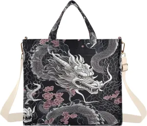 White Dragon Black Corduroy Tote Bag for Women Hobo Crossbody Bag Purse Stylish Shoulder Handbag Messenger Bags, S