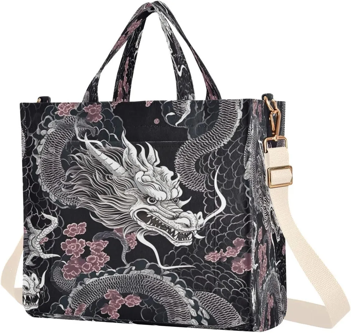 White Dragon Black Corduroy Tote Bag for Women Hobo Crossbody Bag Purse Stylish Shoulder Handbag Messenger Bags, S
