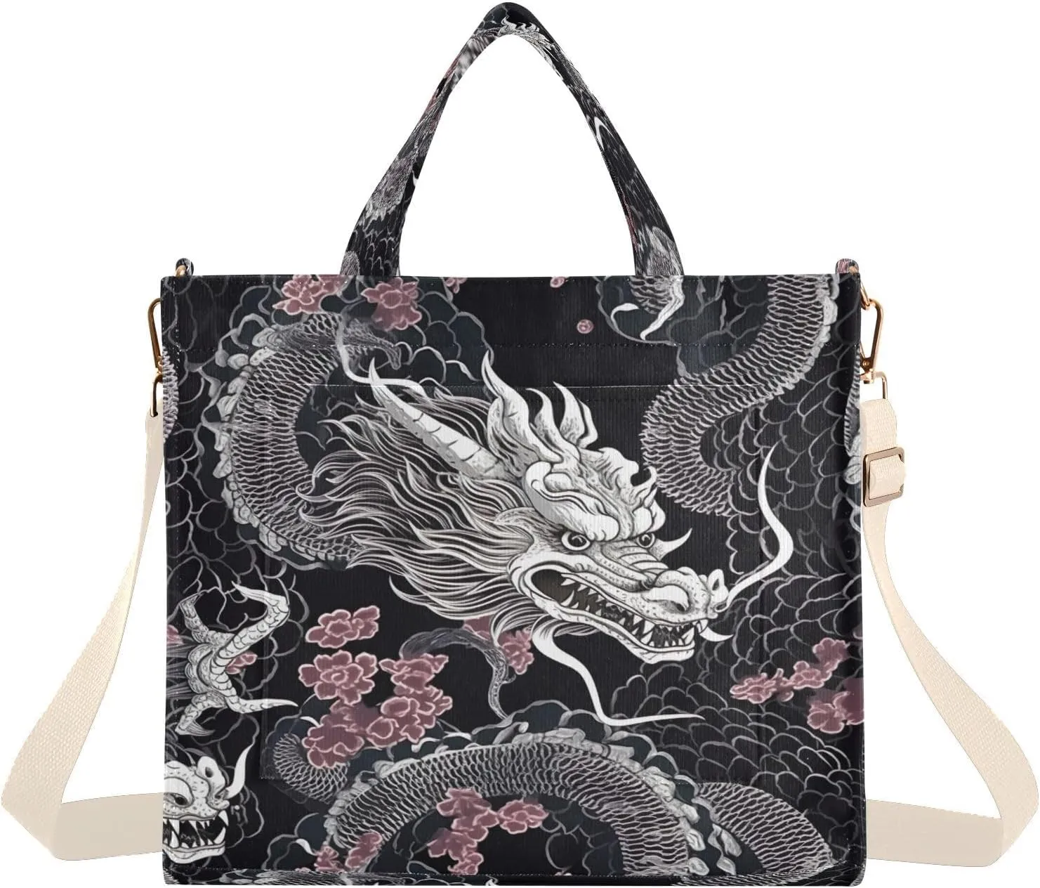 White Dragon Black Corduroy Tote Bag for Women Hobo Crossbody Bag Purse Stylish Shoulder Handbag Messenger Bags, S