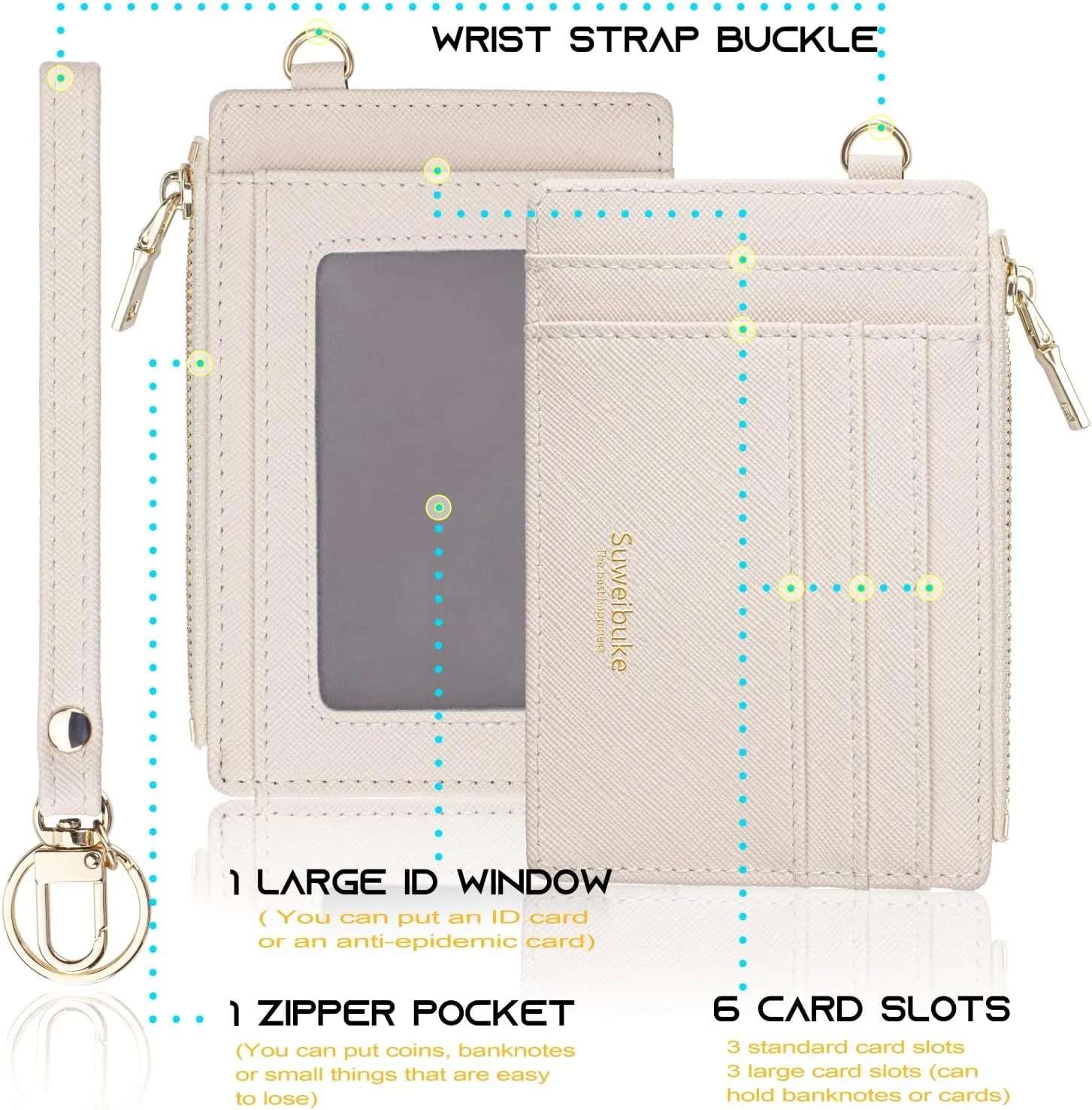 Wikavanli Women Slim Rfid Blocking Credit Card Case Holder Wristlet Zip ID Case Wallet Small Compact Leather Wallet Coin Purse with Keychain (Beige)