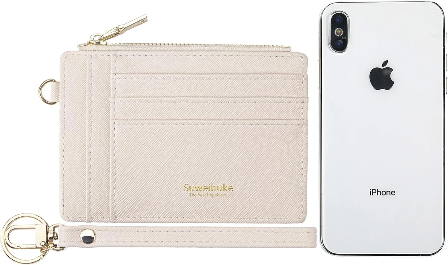 Wikavanli Women Slim Rfid Blocking Credit Card Case Holder Wristlet Zip ID Case Wallet Small Compact Leather Wallet Coin Purse with Keychain (Beige)