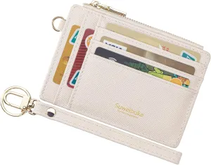 Wikavanli Women Slim Rfid Blocking Credit Card Case Holder Wristlet Zip ID Case Wallet Small Compact Leather Wallet Coin Purse with Keychain (Beige)