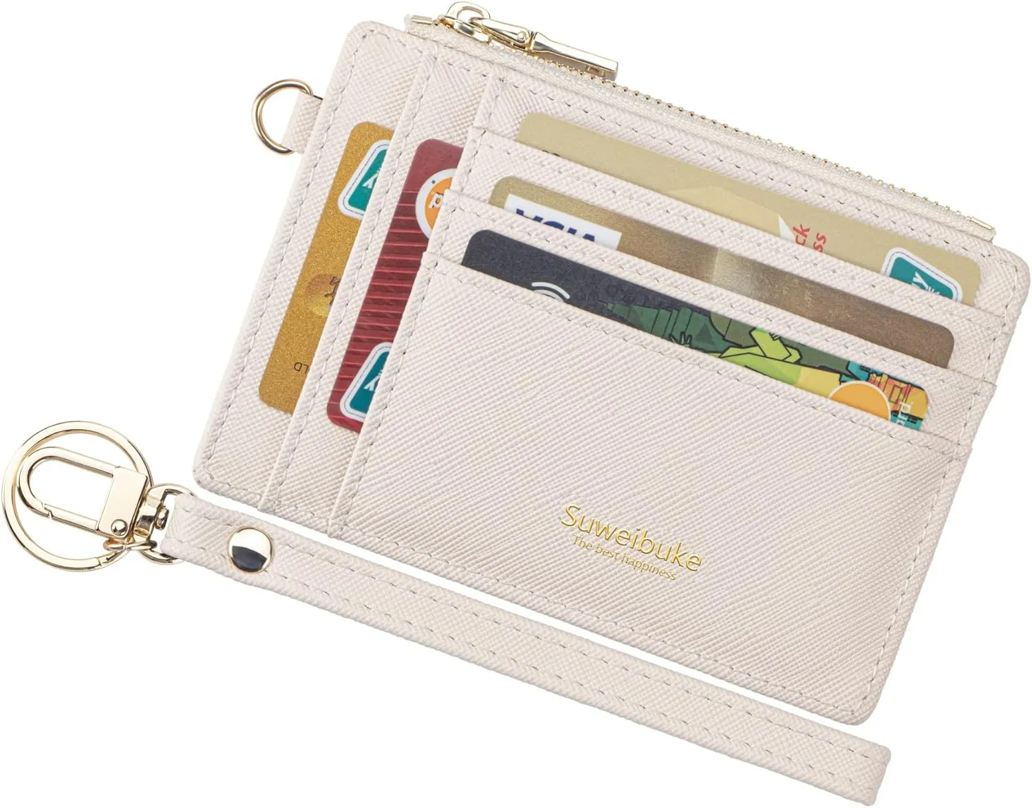 Wikavanli Women Slim Rfid Blocking Credit Card Case Holder Wristlet Zip ID Case Wallet Small Compact Leather Wallet Coin Purse with Keychain (Beige)
