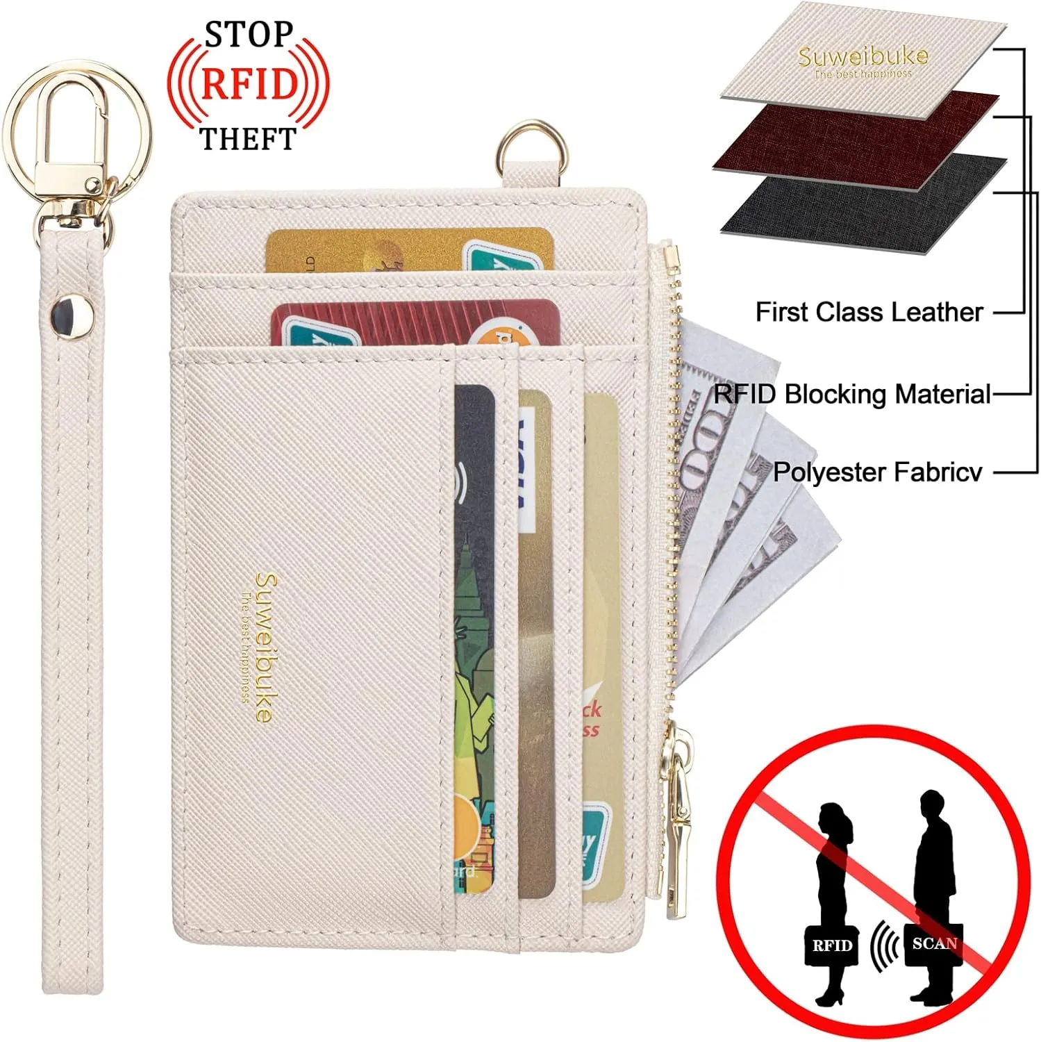 Wikavanli Women Slim Rfid Blocking Credit Card Case Holder Wristlet Zip ID Case Wallet Small Compact Leather Wallet Coin Purse with Keychain (Beige)