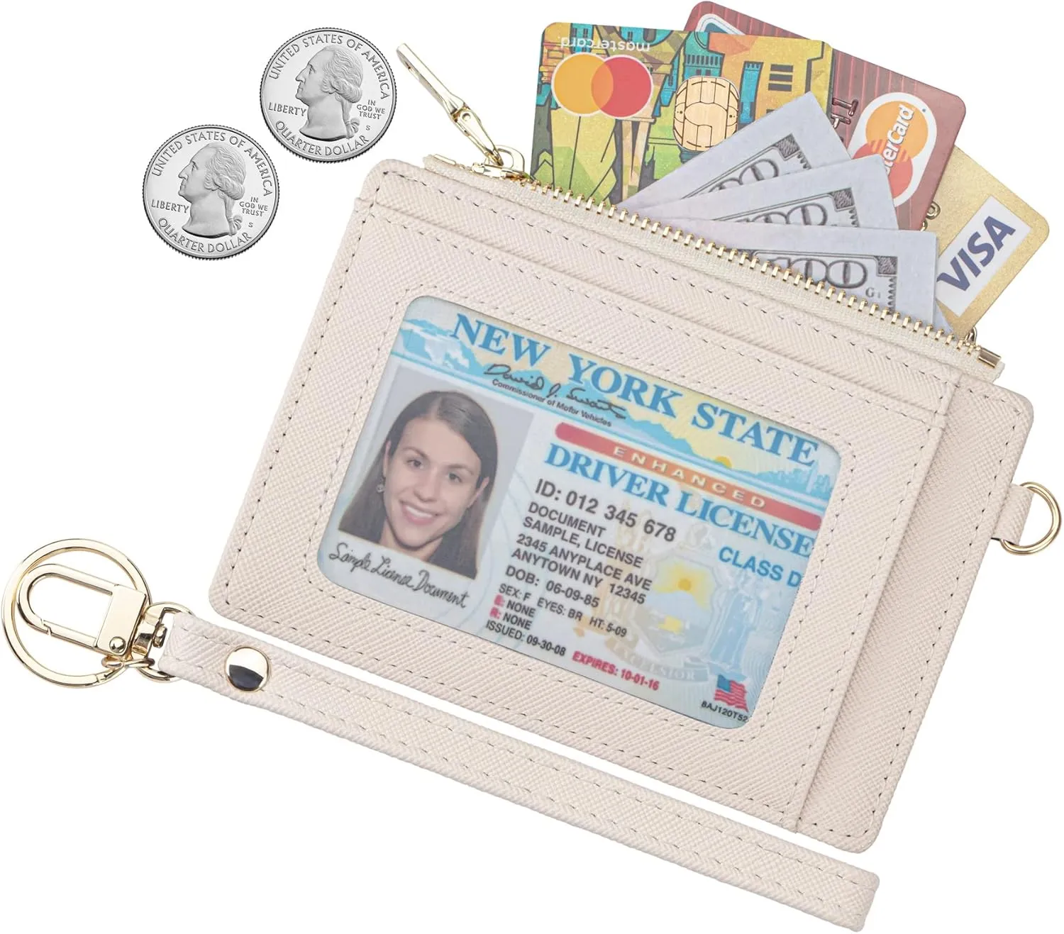 Wikavanli Women Slim Rfid Blocking Credit Card Case Holder Wristlet Zip ID Case Wallet Small Compact Leather Wallet Coin Purse with Keychain (Beige)