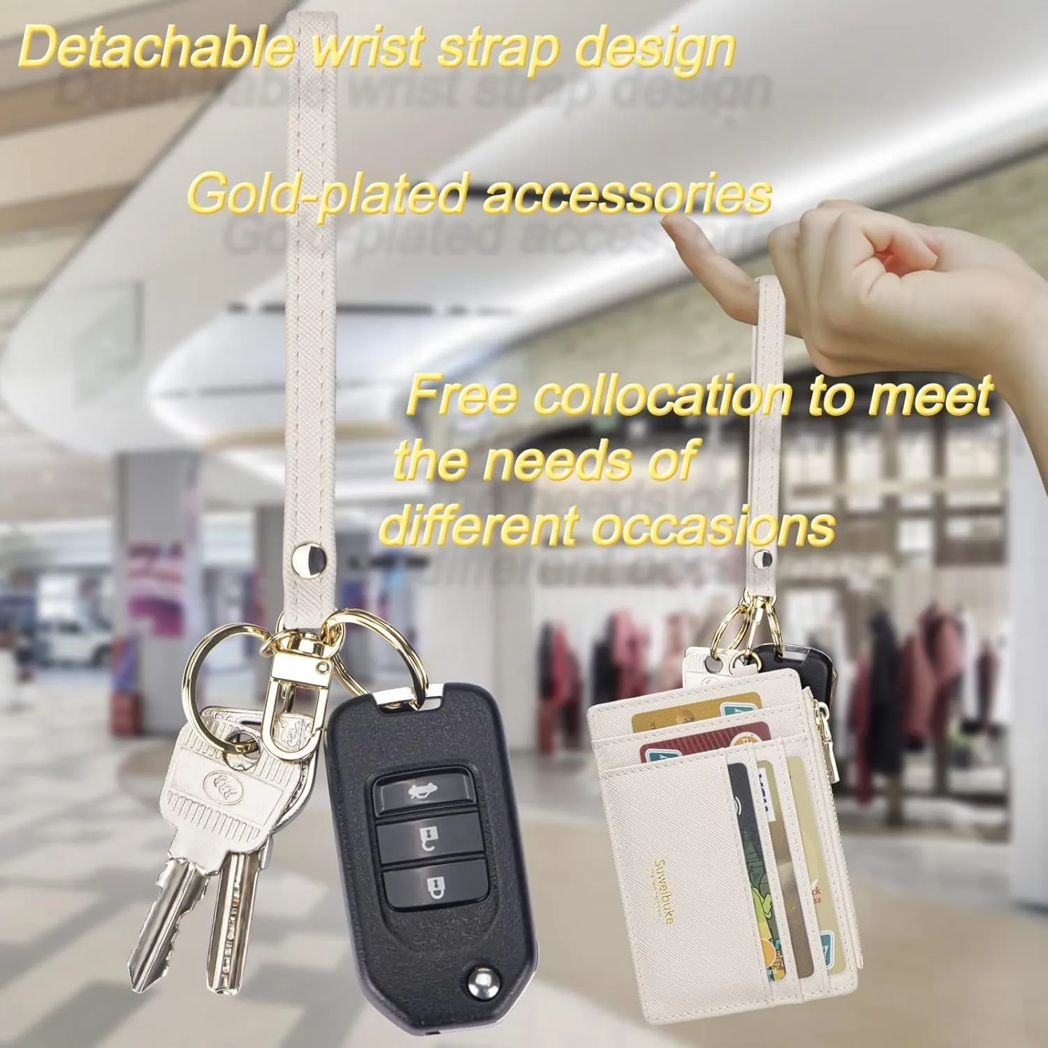 Wikavanli Women Slim Rfid Blocking Credit Card Case Holder Wristlet Zip ID Case Wallet Small Compact Leather Wallet Coin Purse with Keychain (Beige)