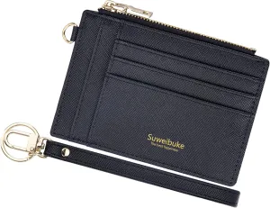 Wikavanli Women Slim Rfid Blocking Credit Card Case Holder Wristlet Zip ID Case Wallet Small Compact Leather Wallet Coin Purse with Keychain (Black a)