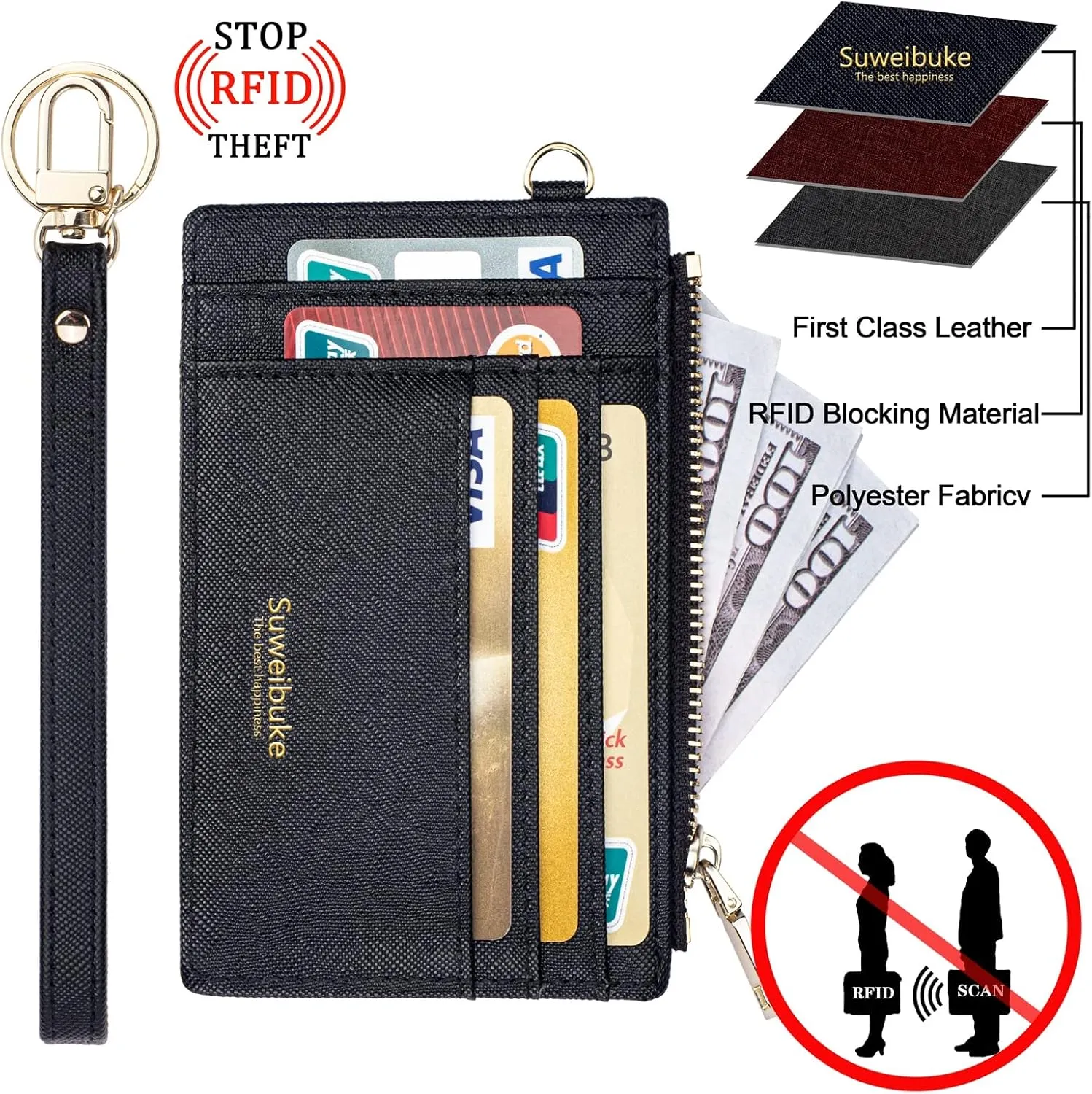 Wikavanli Women Slim Rfid Blocking Credit Card Case Holder Wristlet Zip ID Case Wallet Small Compact Leather Wallet Coin Purse with Keychain (Black a)