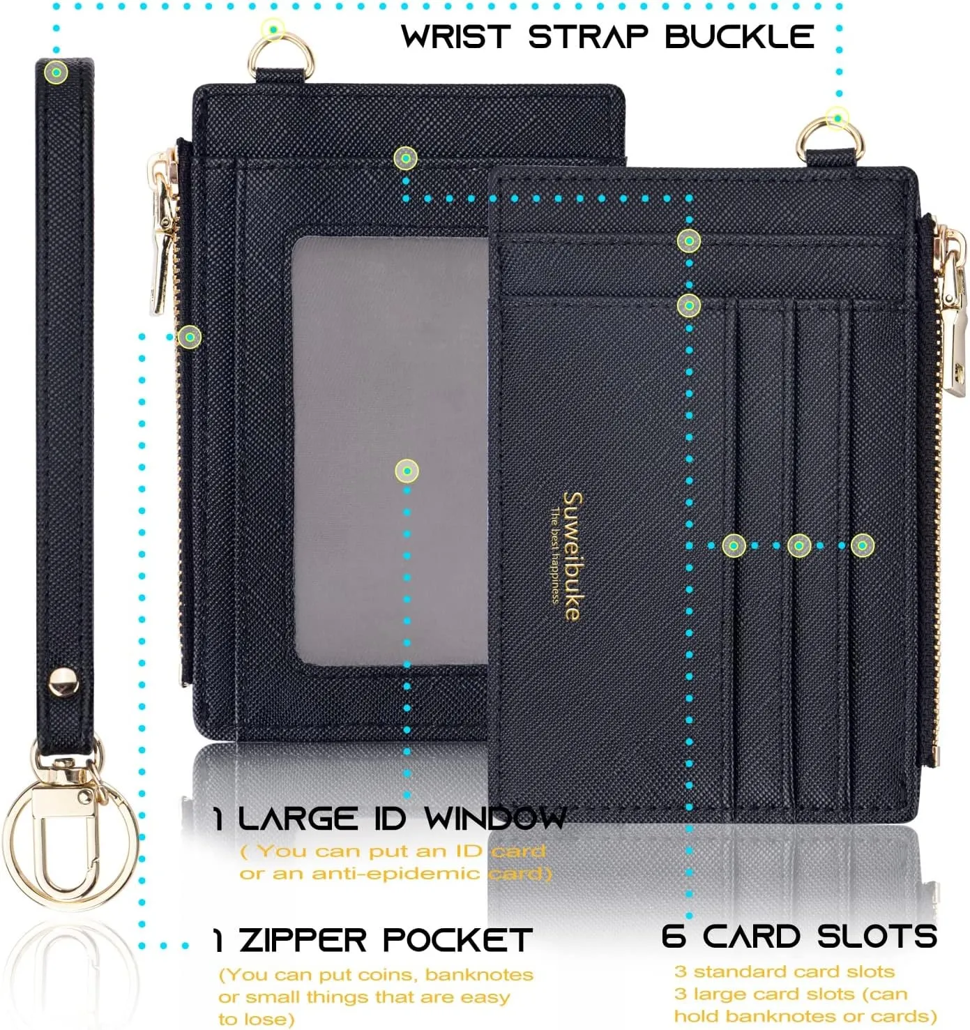 Wikavanli Women Slim Rfid Blocking Credit Card Case Holder Wristlet Zip ID Case Wallet Small Compact Leather Wallet Coin Purse with Keychain (Black a)