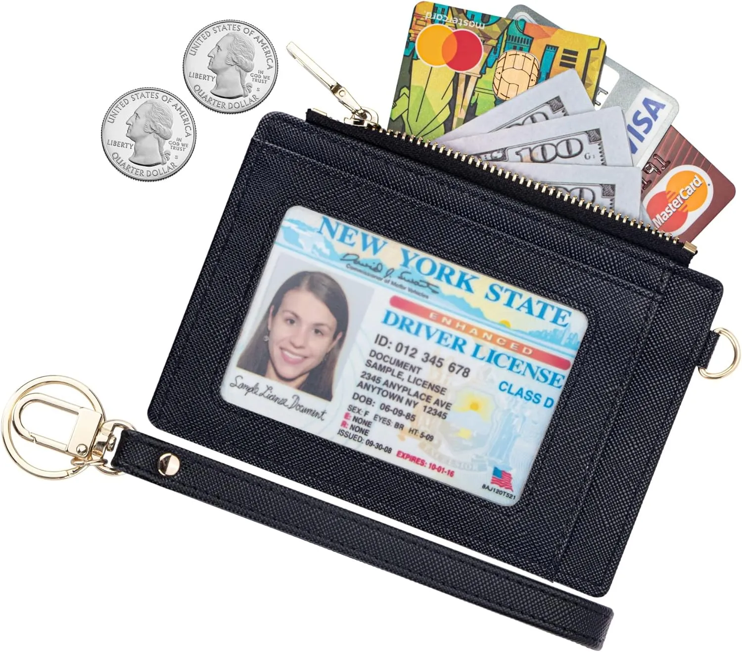 Wikavanli Women Slim Rfid Blocking Credit Card Case Holder Wristlet Zip ID Case Wallet Small Compact Leather Wallet Coin Purse with Keychain (Black a)