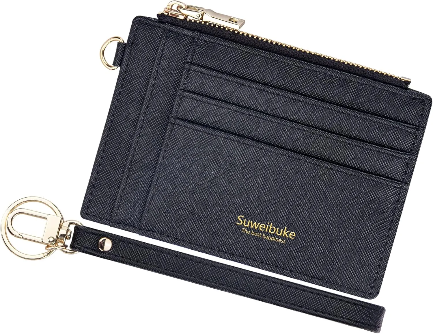 Wikavanli Women Slim Rfid Blocking Credit Card Case Holder Wristlet Zip ID Case Wallet Small Compact Leather Wallet Coin Purse with Keychain (Black a)