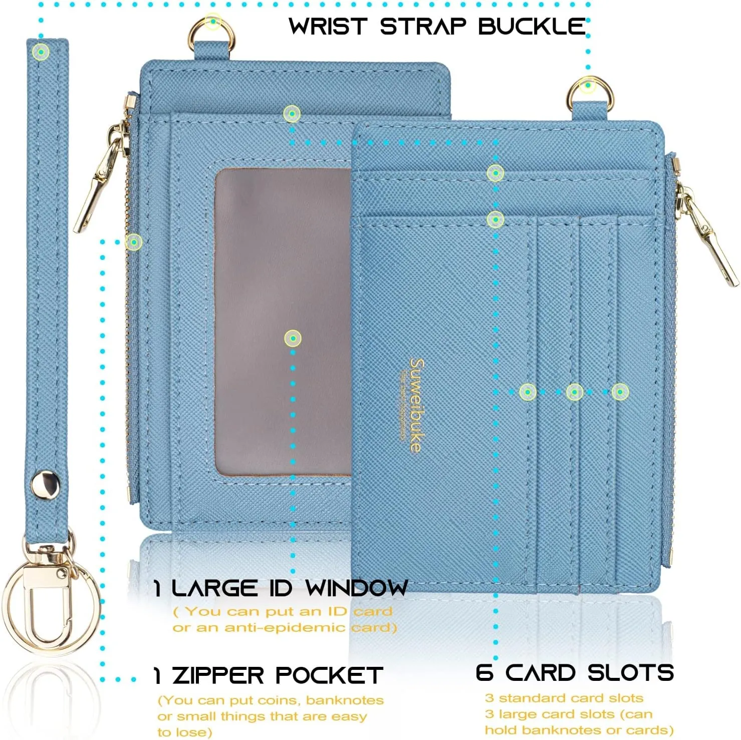 Wikavanli Women Slim Rfid Blocking Credit Card Case Holder Wristlet Zip ID Case Wallet Small Compact Leather Wallet Coin Purse with Keychain (Blue)
