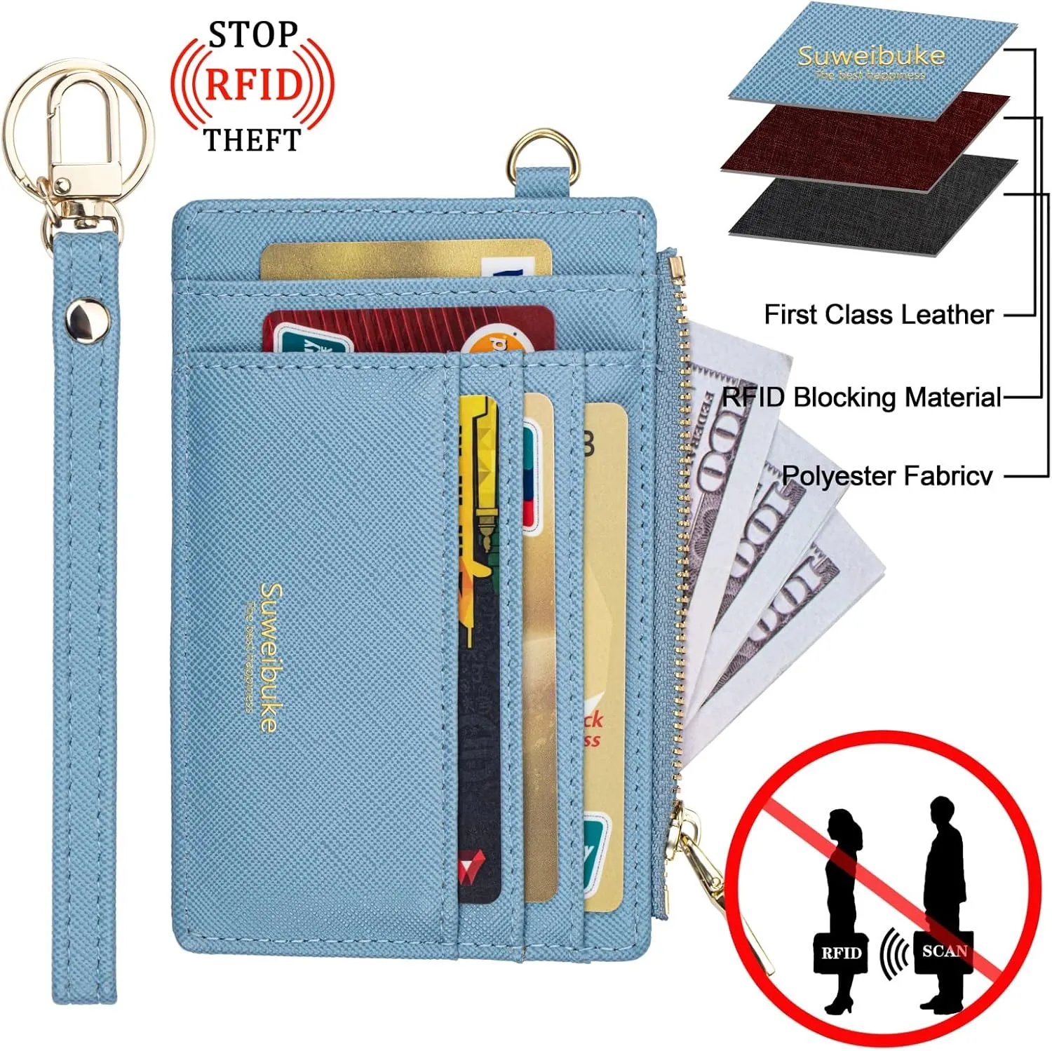 Wikavanli Women Slim Rfid Blocking Credit Card Case Holder Wristlet Zip ID Case Wallet Small Compact Leather Wallet Coin Purse with Keychain (Blue)