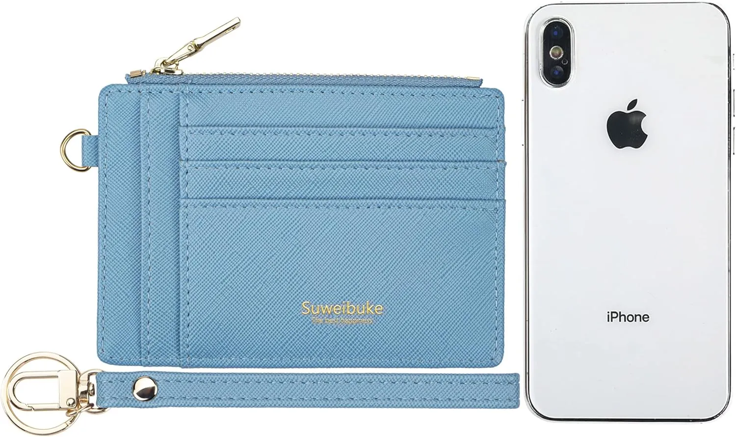 Wikavanli Women Slim Rfid Blocking Credit Card Case Holder Wristlet Zip ID Case Wallet Small Compact Leather Wallet Coin Purse with Keychain (Blue)