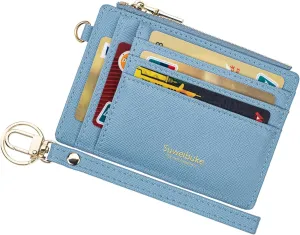 Wikavanli Women Slim Rfid Blocking Credit Card Case Holder Wristlet Zip ID Case Wallet Small Compact Leather Wallet Coin Purse with Keychain (Blue)