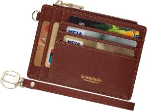 Wikavanli Women Slim Rfid Blocking Credit Card Case Holder Wristlet Zip ID Case Wallet Small Compact Leather Wallet Coin Purse with Keychain (Brown)