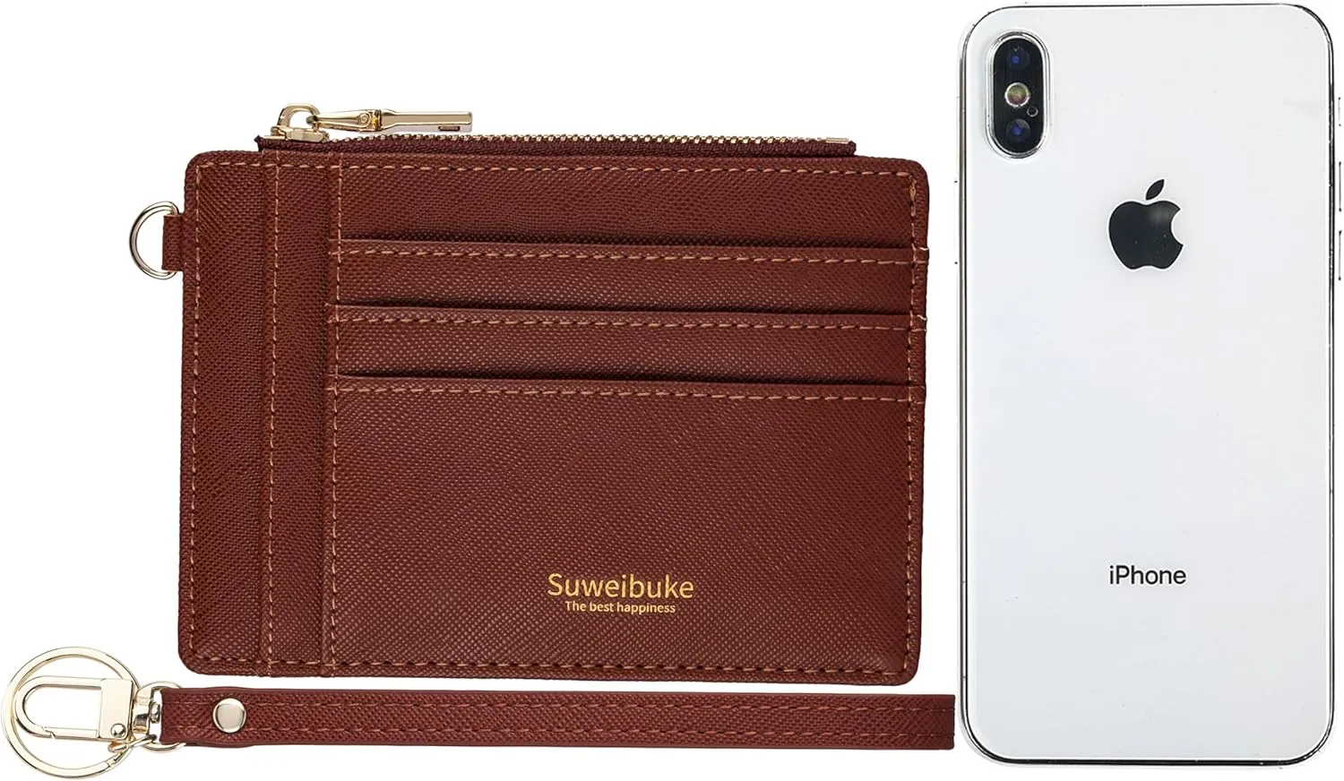 Wikavanli Women Slim Rfid Blocking Credit Card Case Holder Wristlet Zip ID Case Wallet Small Compact Leather Wallet Coin Purse with Keychain (Brown)