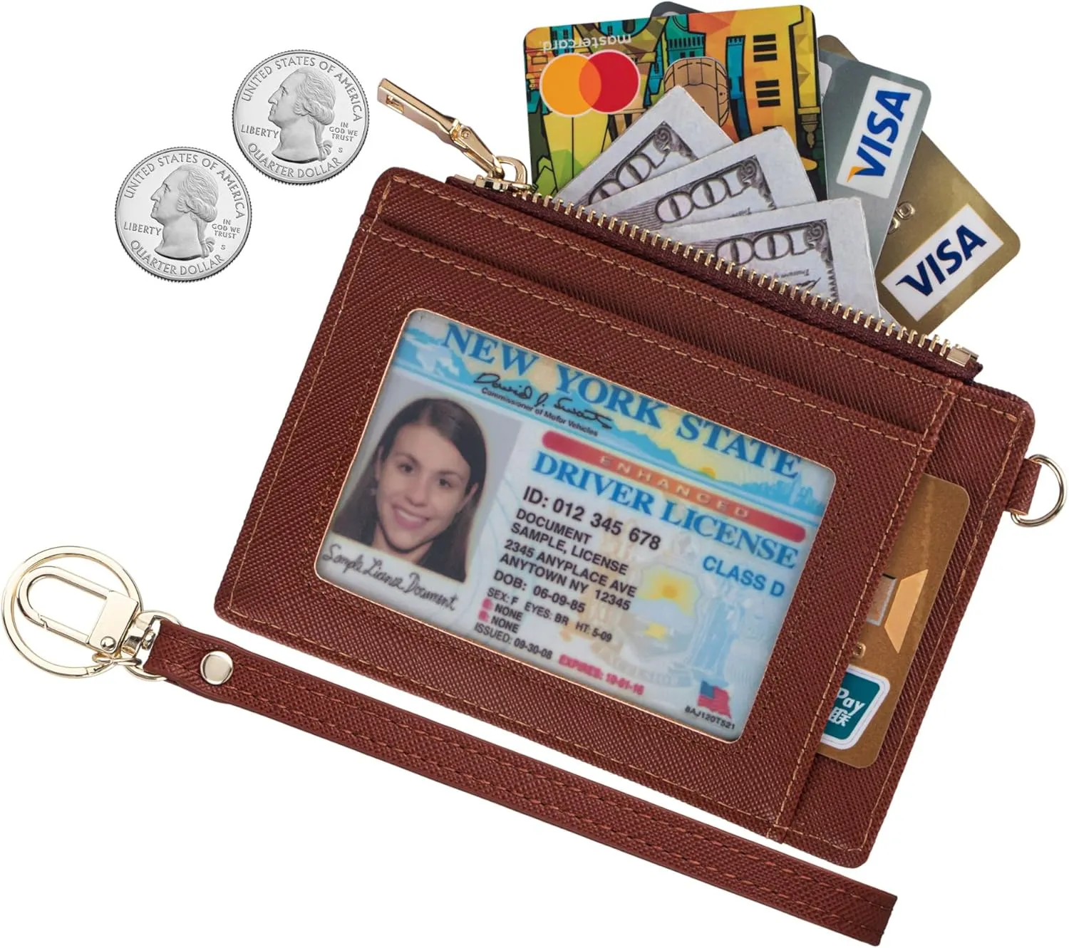 Wikavanli Women Slim Rfid Blocking Credit Card Case Holder Wristlet Zip ID Case Wallet Small Compact Leather Wallet Coin Purse with Keychain (Brown)