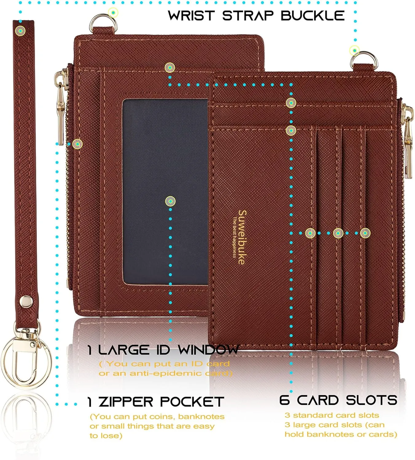 Wikavanli Women Slim Rfid Blocking Credit Card Case Holder Wristlet Zip ID Case Wallet Small Compact Leather Wallet Coin Purse with Keychain (Brown)
