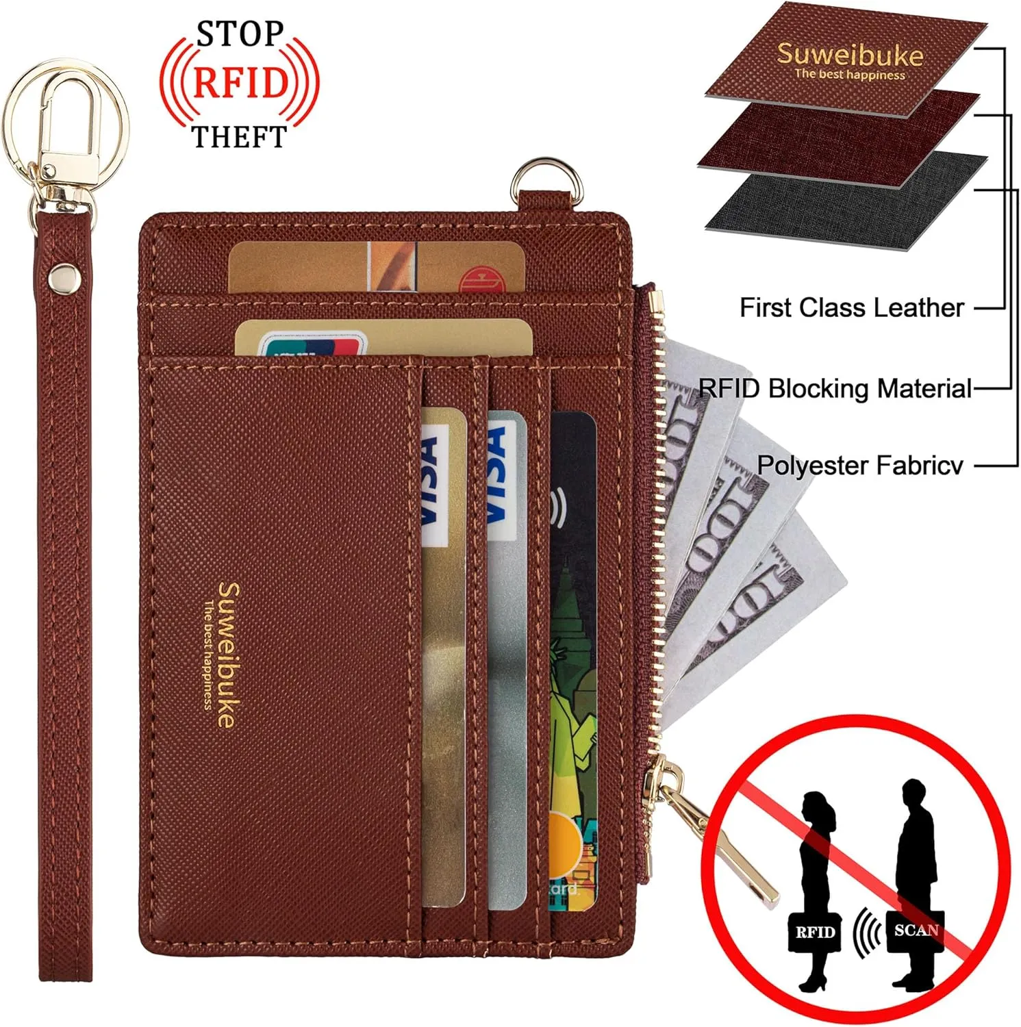 Wikavanli Women Slim Rfid Blocking Credit Card Case Holder Wristlet Zip ID Case Wallet Small Compact Leather Wallet Coin Purse with Keychain (Brown)